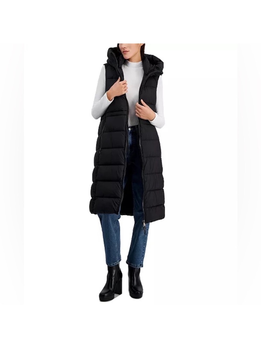 DKNY Black Long Hooded Puffer Vest • NWT • Sz Large